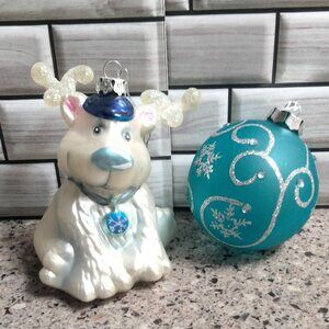 DUO: Vintage Blown Glass Reindeer & NWT Blue Glass Ornaments